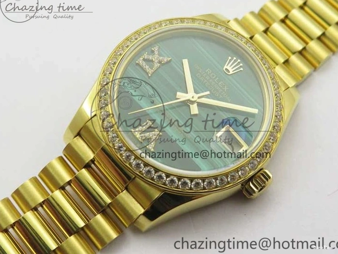 MiroTime 0305 Versatile Daydate 278288 31mm YG EWF Best Edition Green Malachite Dial Crystal Markers on YG President Bracelet ETA 2606